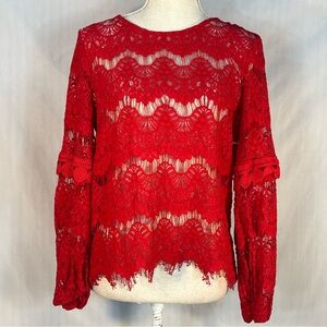 Atelier Blue Top Red Lace Scalloped Eyelash Lace Long Sleeve Shear Round Neck XL